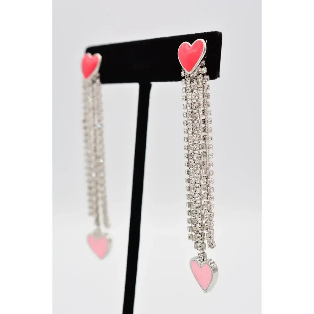 Guess Heart Earrings Rhinestone Crystal Fringe Red Pink Valentine Signed BinAA